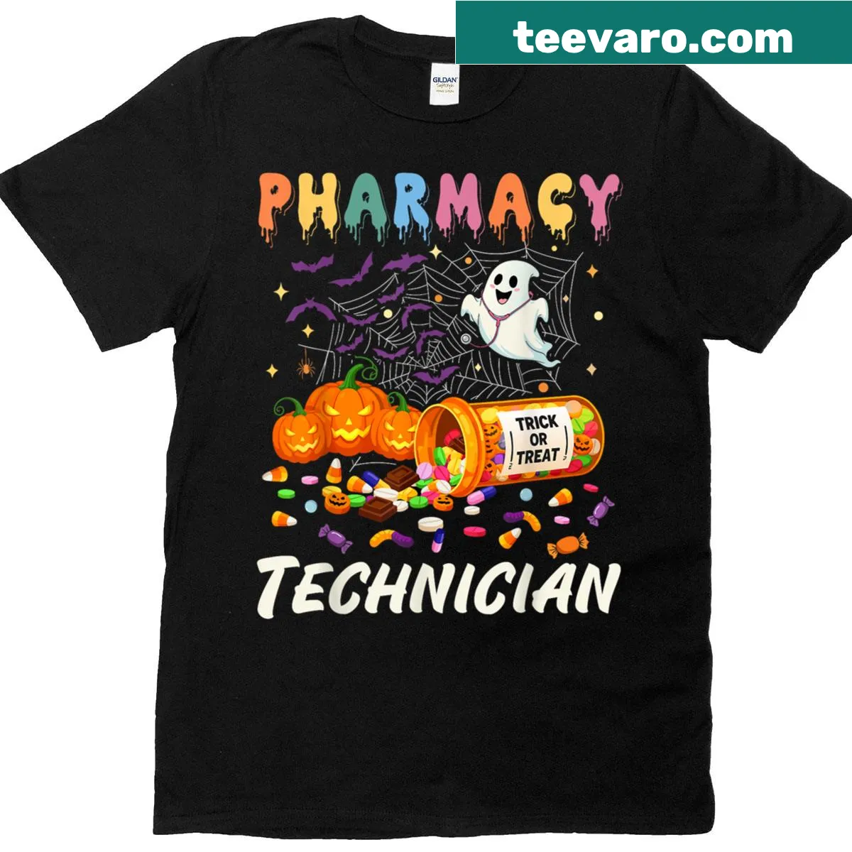 Funny Halloween T-shirt for pharmacy technicians featuring ghost and pumpkin — on a men's t-shirt