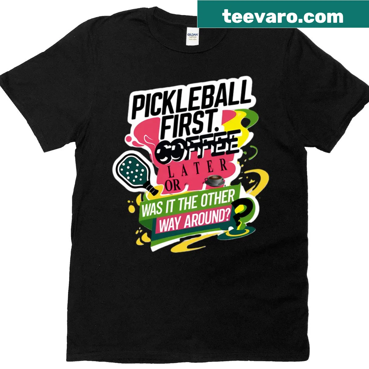 Oversized t-shirt featuring pickleball and coffee graphic — on a men's t-shirt