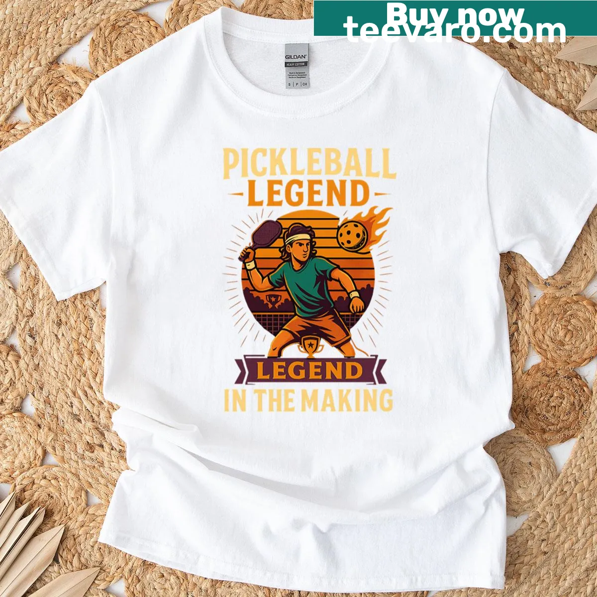 Motivational T-shirt celebrating the journey of becoming a pickleball legend. — on a men's t-shirt