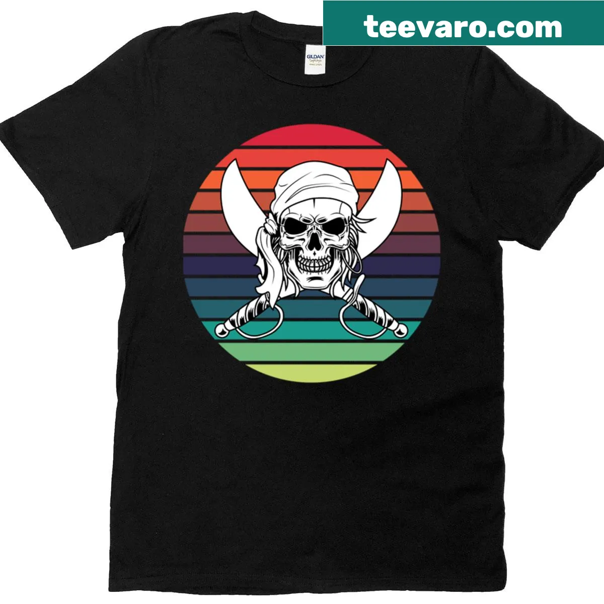 Bold pirate skull graphic on a T-shirt — on a men's t-shirt
