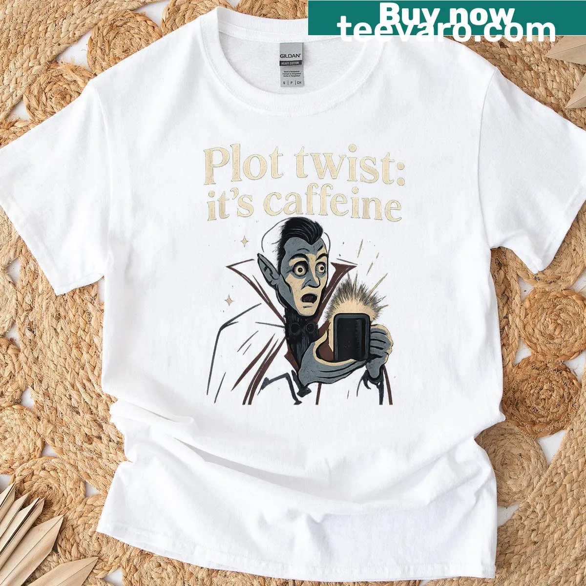Gothic punk t-shirt featuring a vampire and caffeine theme — on a men's t-shirt