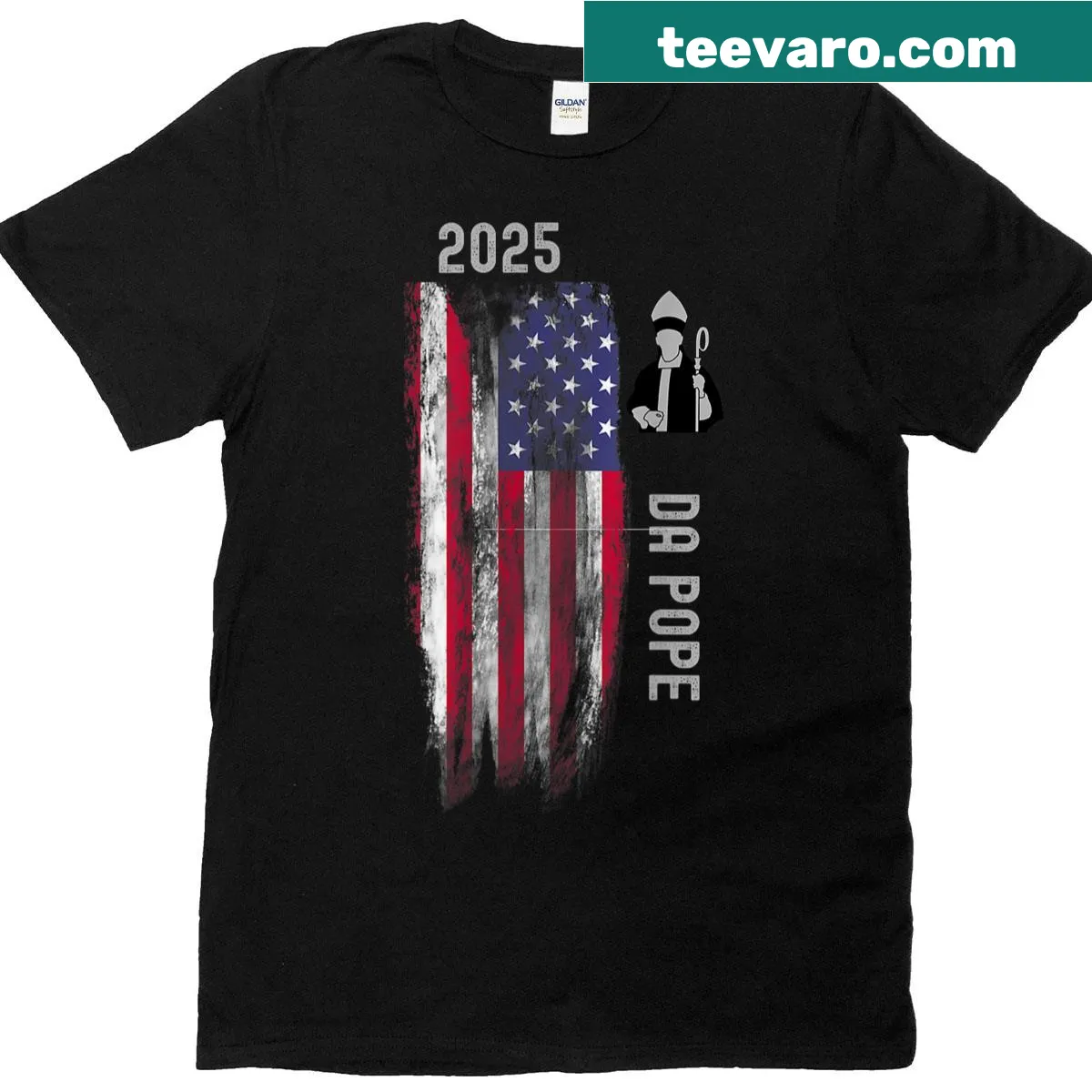 American flag design featuring Pope Leo XIV on a t-shirt — on a men's t-shirt