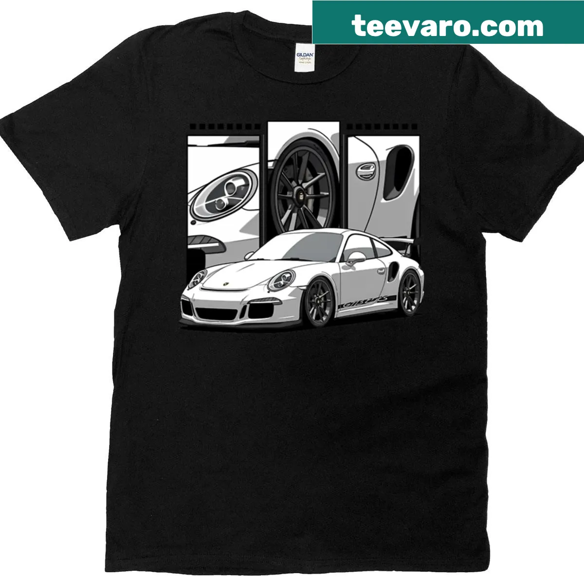 Minimalist silhouette T-shirt featuring Porsche GT3 illustration — on a men's t-shirt