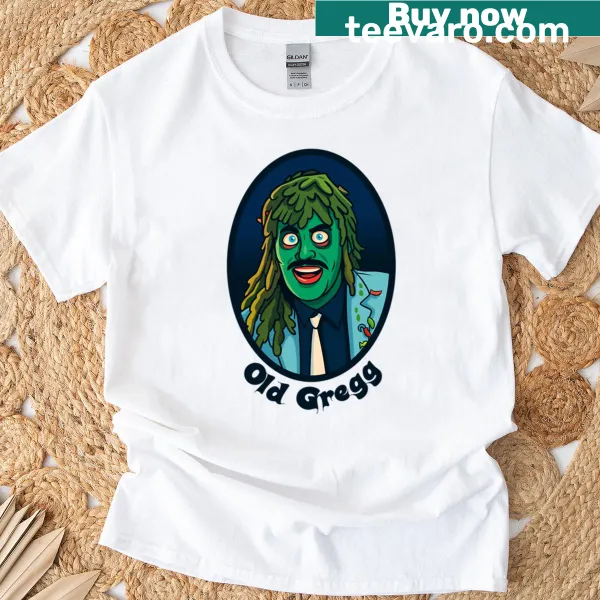 Stylized portrait of Old Gregg on a boxy T-shirt