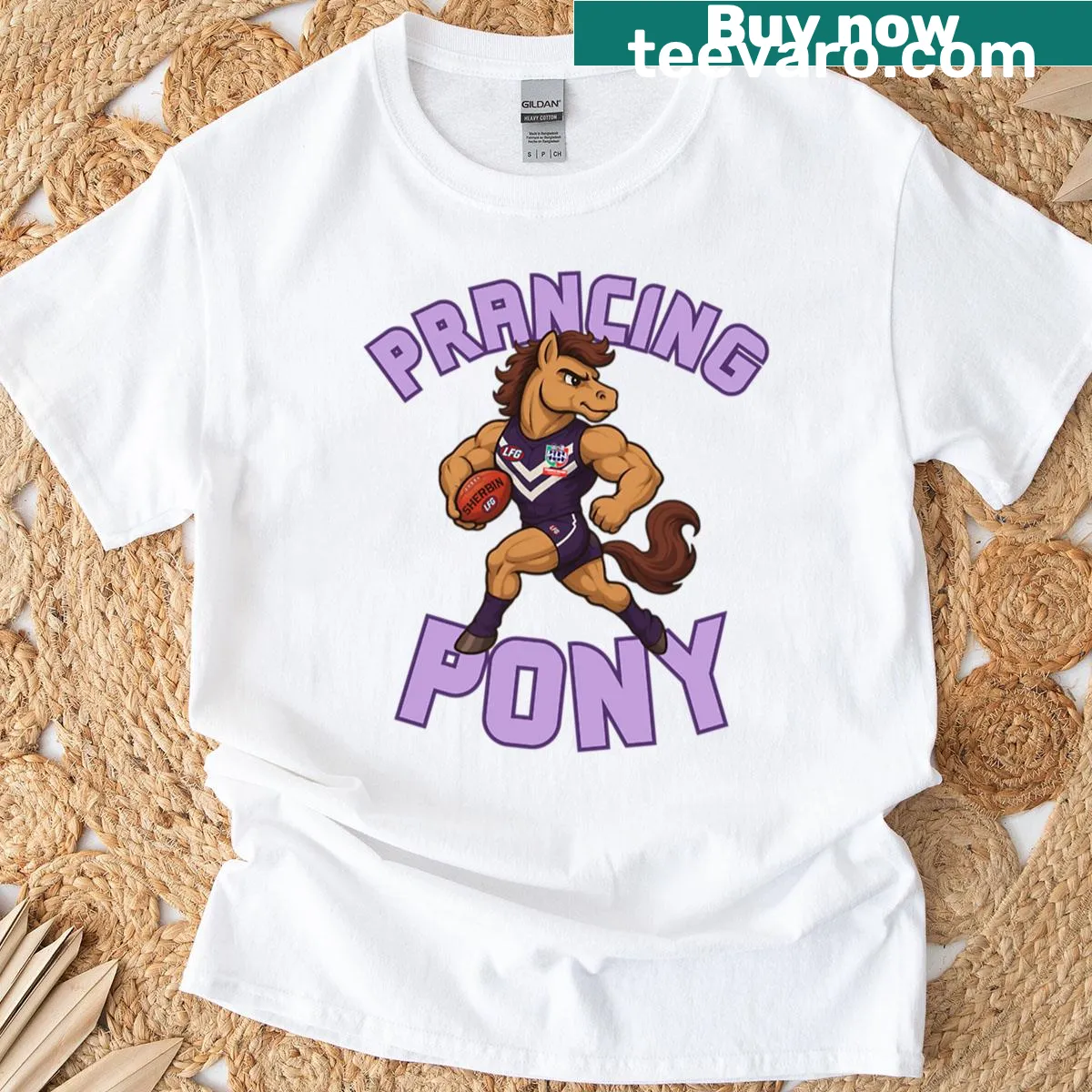 Illustrated prancing pony design on Purple Reign Podcast T-shirt — on a men's t-shirt