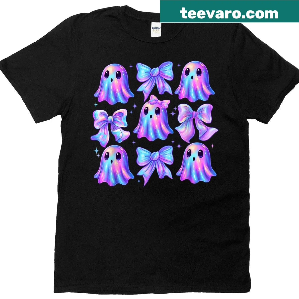 Cute Halloween t-shirt featuring ghosts and a bow design — on a men's t-shirt