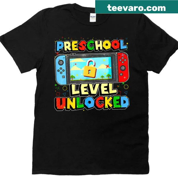 Funny back-to-school t-shirt with 'Preschool Level Unlocked' text