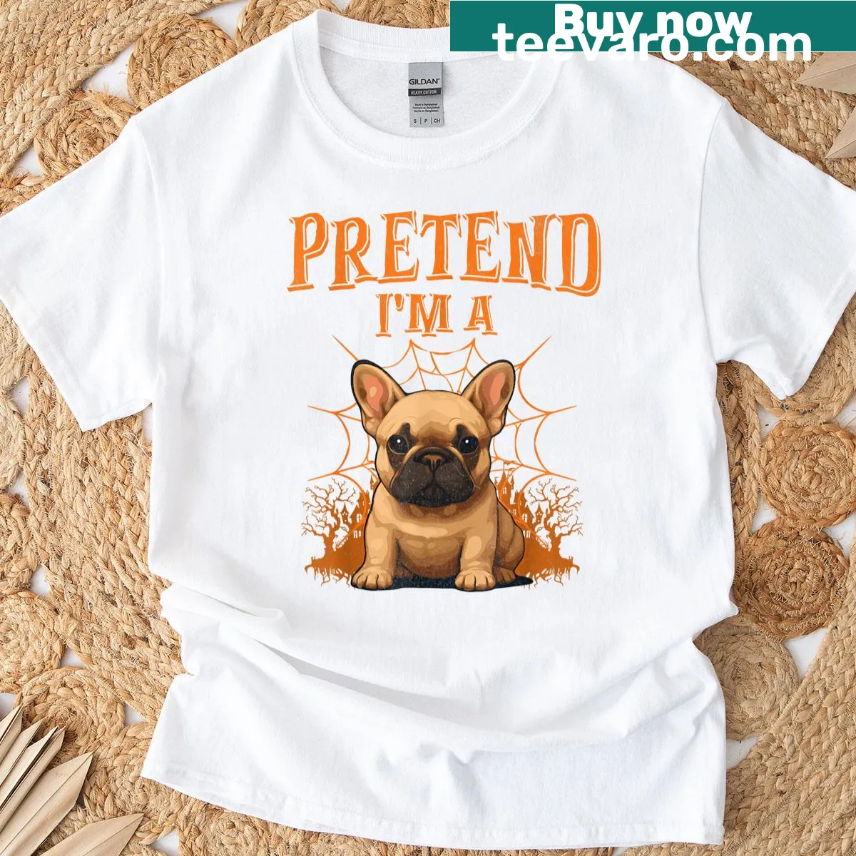 Halloween T-shirt featuring a French Bulldog in costume with humorous text — on a men's t-shirt