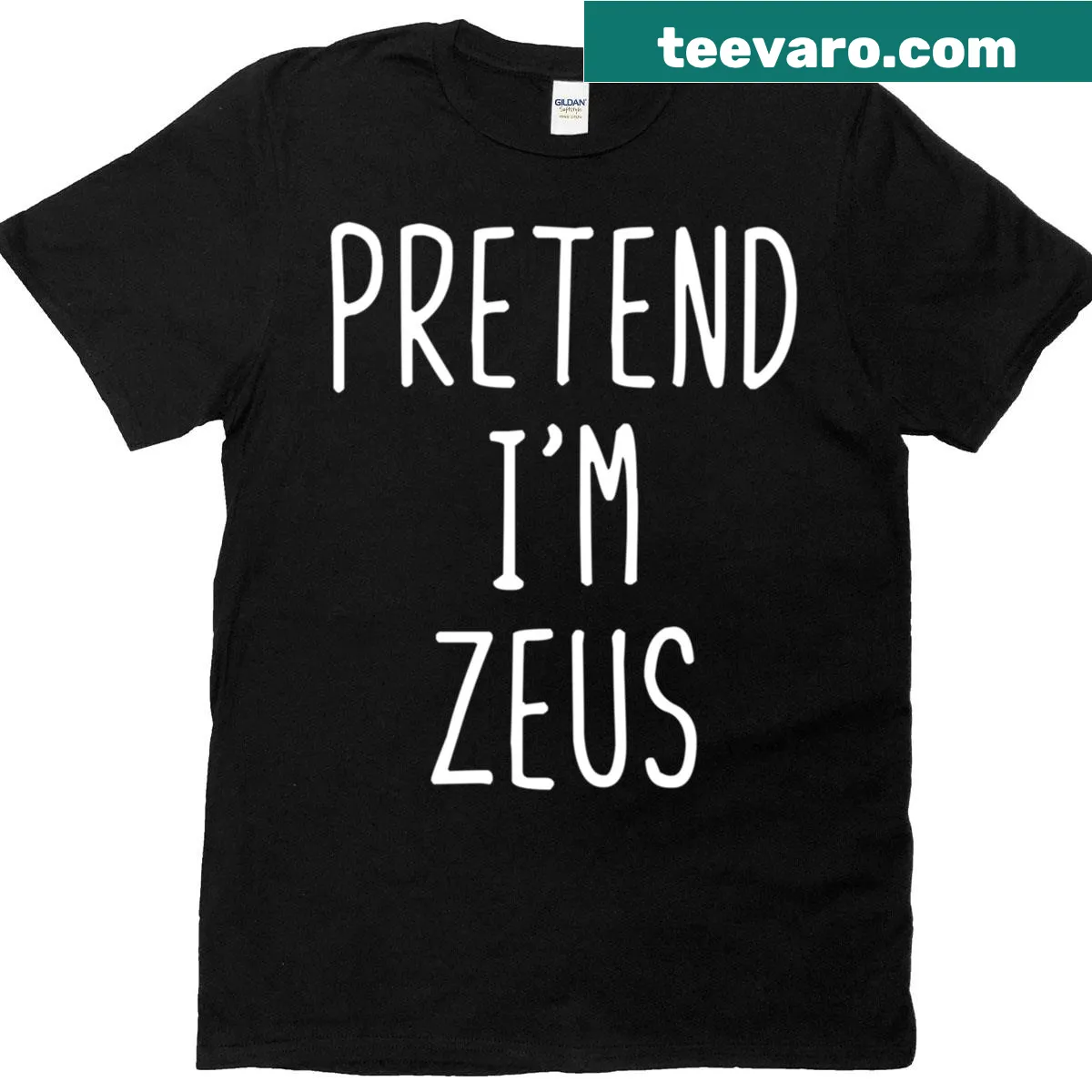 Playful Halloween t-shirt with 'Pretend Im Zeus' text and cartoon design — on a men's t-shirt