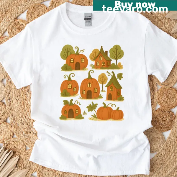 Whimsical illustration of pumpkin houses on a T-shirt