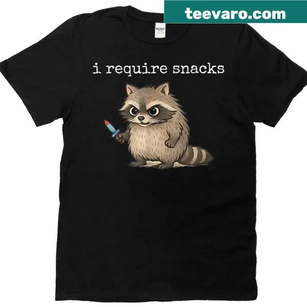 Cartoon raccoon graphic stating 'I Require Snacks' on a T-shirt