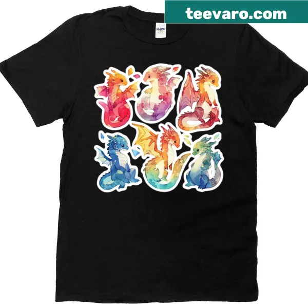 Playful T-shirt featuring cartoon rainbow dragons