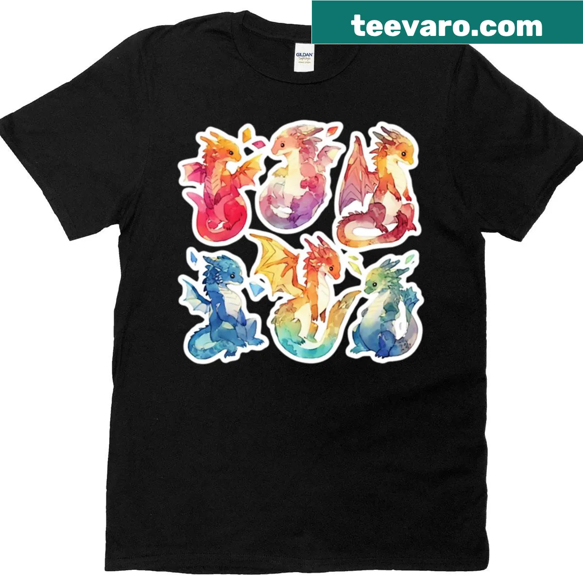 Playful T-shirt featuring cartoon rainbow dragons — on a men's t-shirt