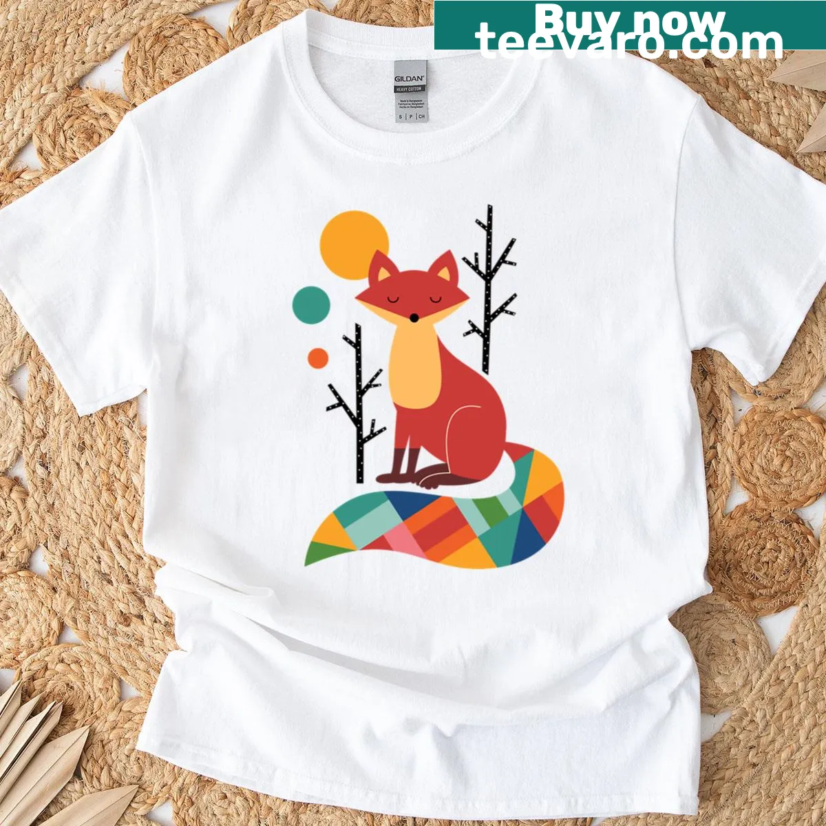 Colorful T-shirt featuring a whimsical rainbow fox illustration. — on a men's t-shirt