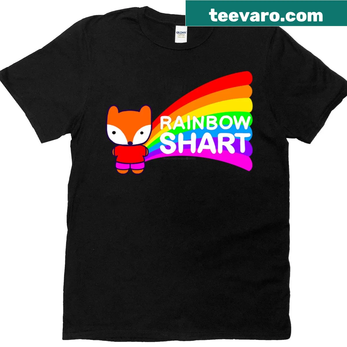 Cartoon graphic tee with rainbow and funny text — on a men's t-shirt