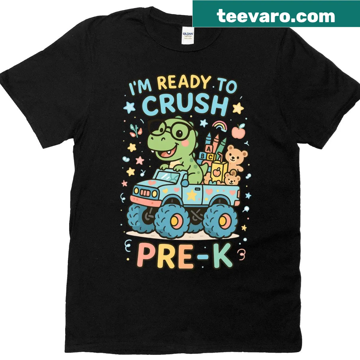 Playful kids t-shirt with dinosaur and monster truck graphic — on a men's t-shirt