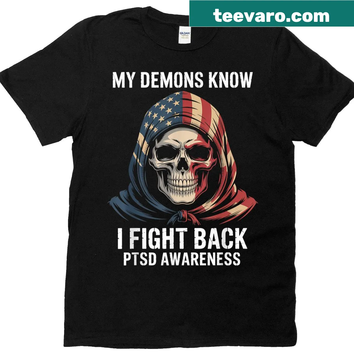 Mental health awareness shirt with 'My Demons Know I Fight' graphic — on a men's t-shirt