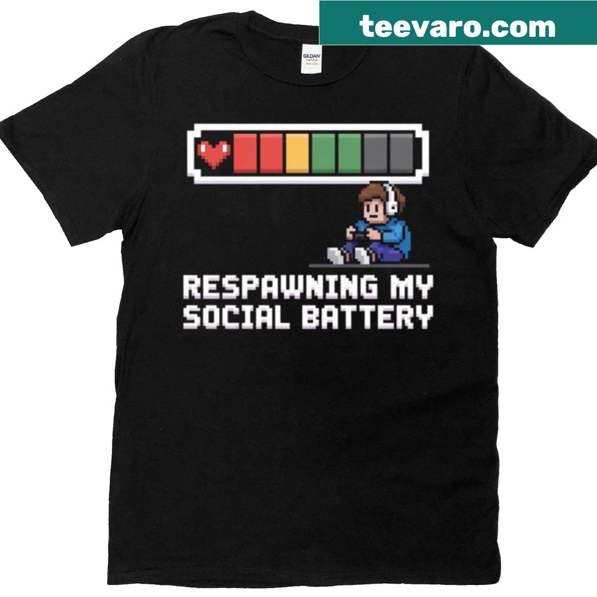 T-shirt with gamer introvert quote Respawning My Social Battery — on a men's t-shirt