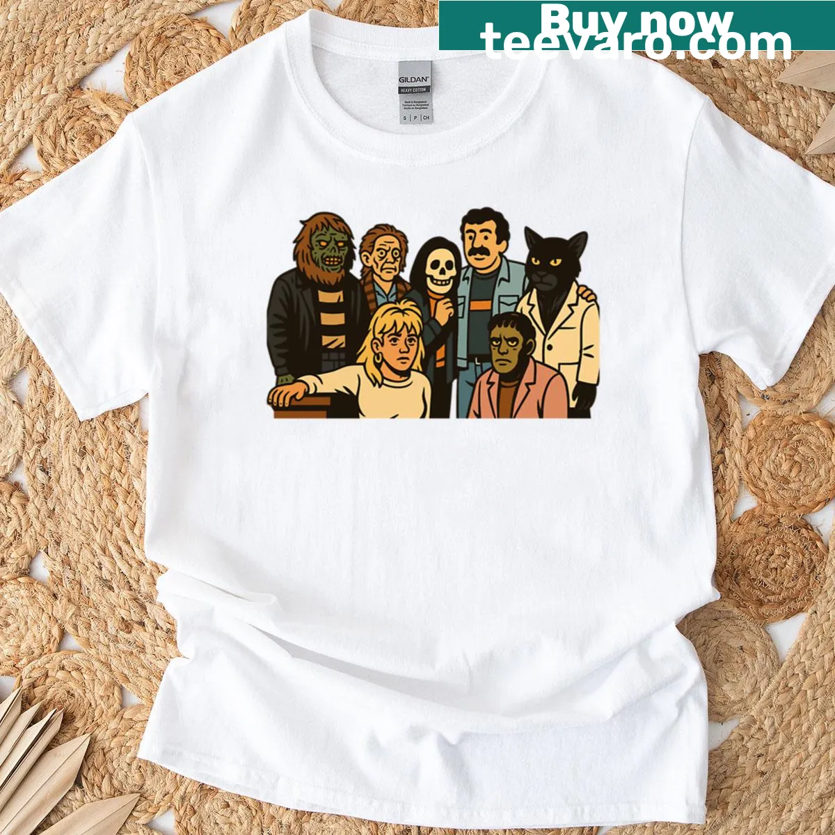 Illustration of classic horror monsters in a crew design — on a men's t-shirt