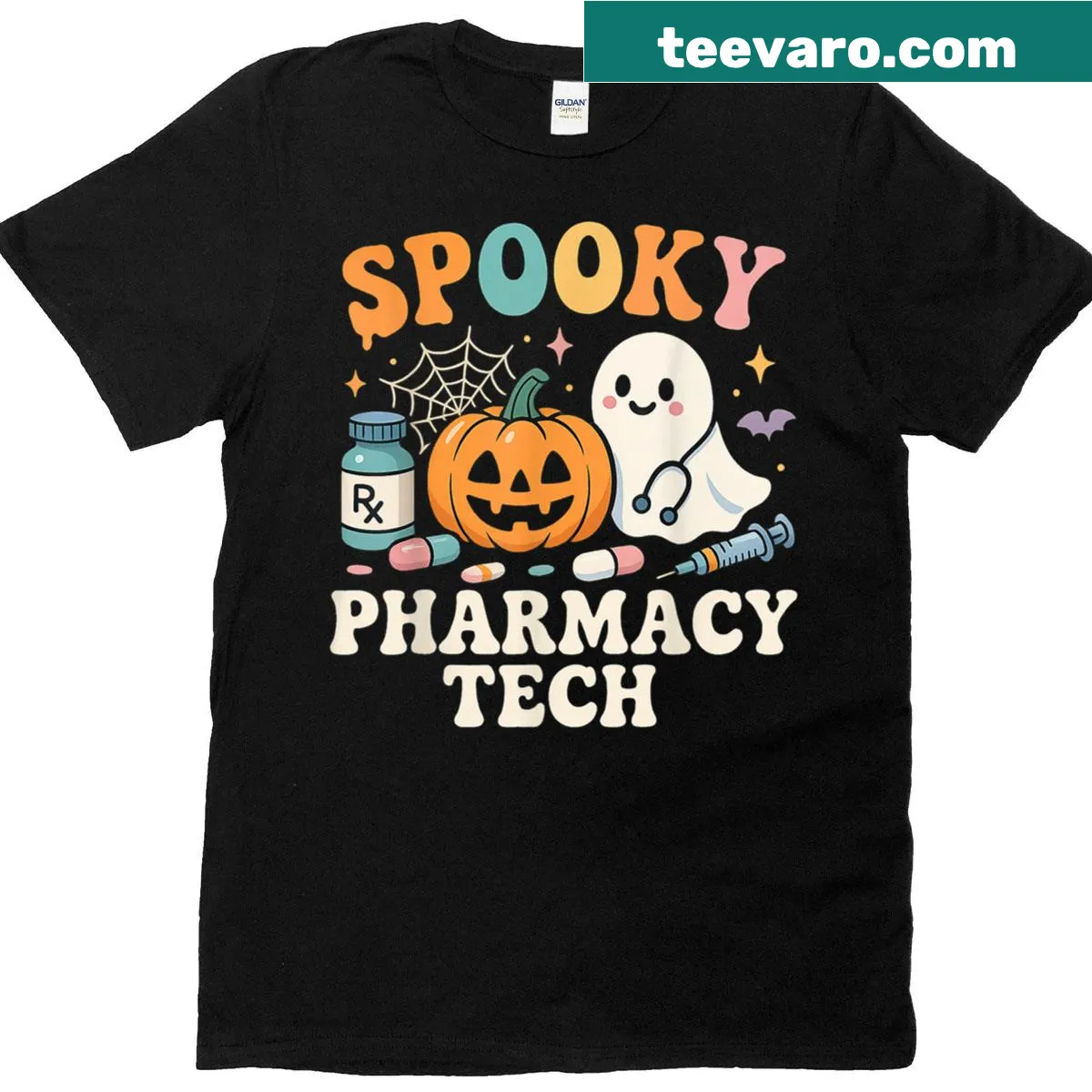 Vintage-style Halloween T-shirt for pharmacy technicians with spooky graphics — on a men's t-shirt