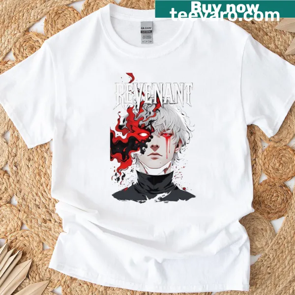 Abstract anime face design in red and black on a T-shirt
