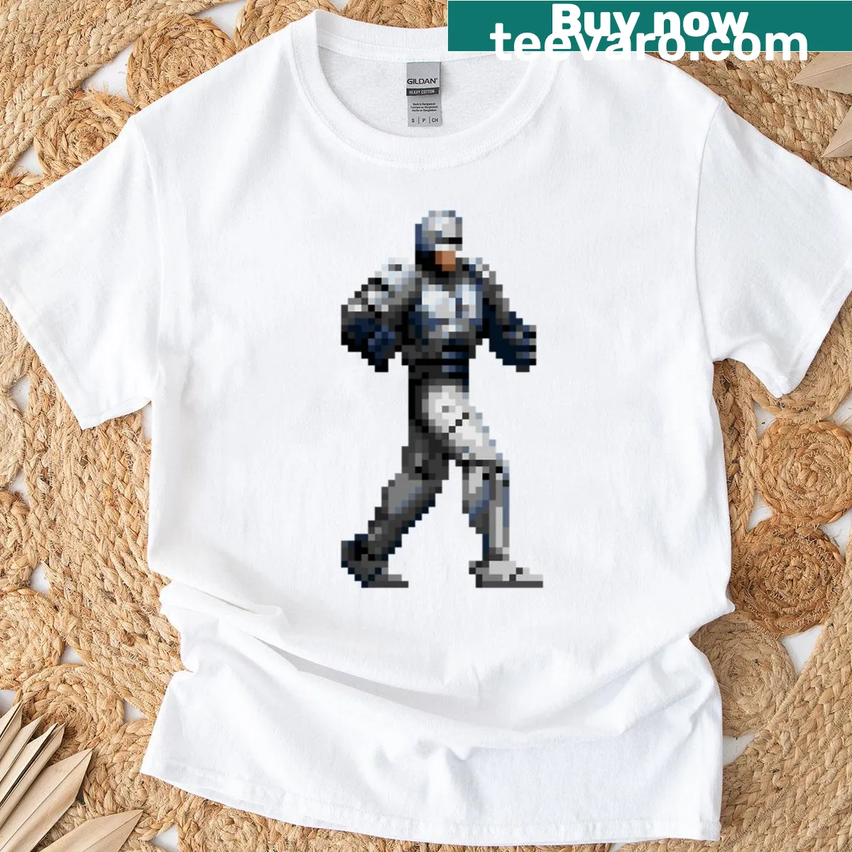 Pixel art design inspired by Robocop arcade game — on a men's t-shirt
