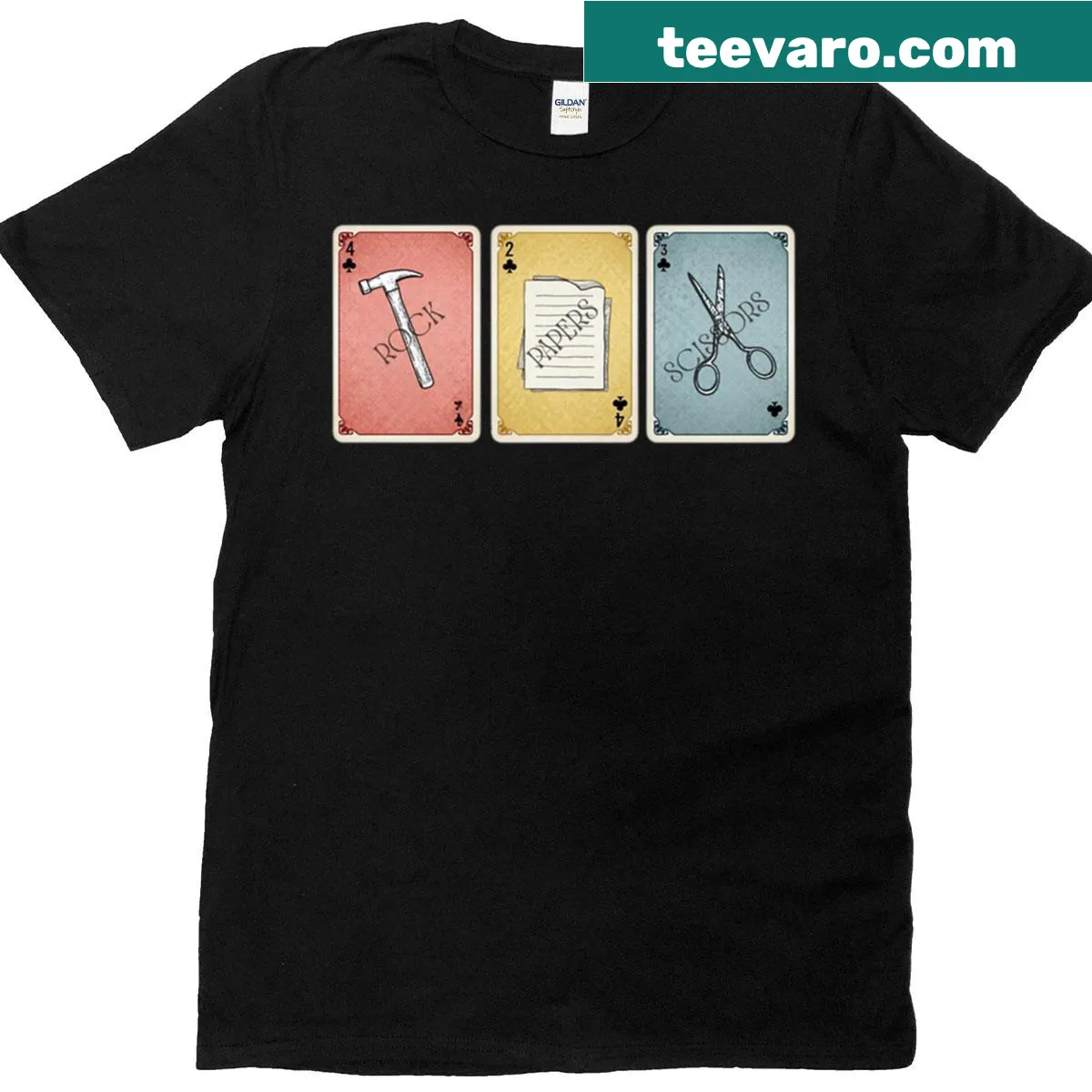 Playing cards themed rock-paper-scissors T-shirt design. — on a men's t-shirt