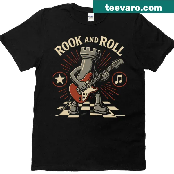 Playful chess-themed T-shirt with 'Rook And Roll' text