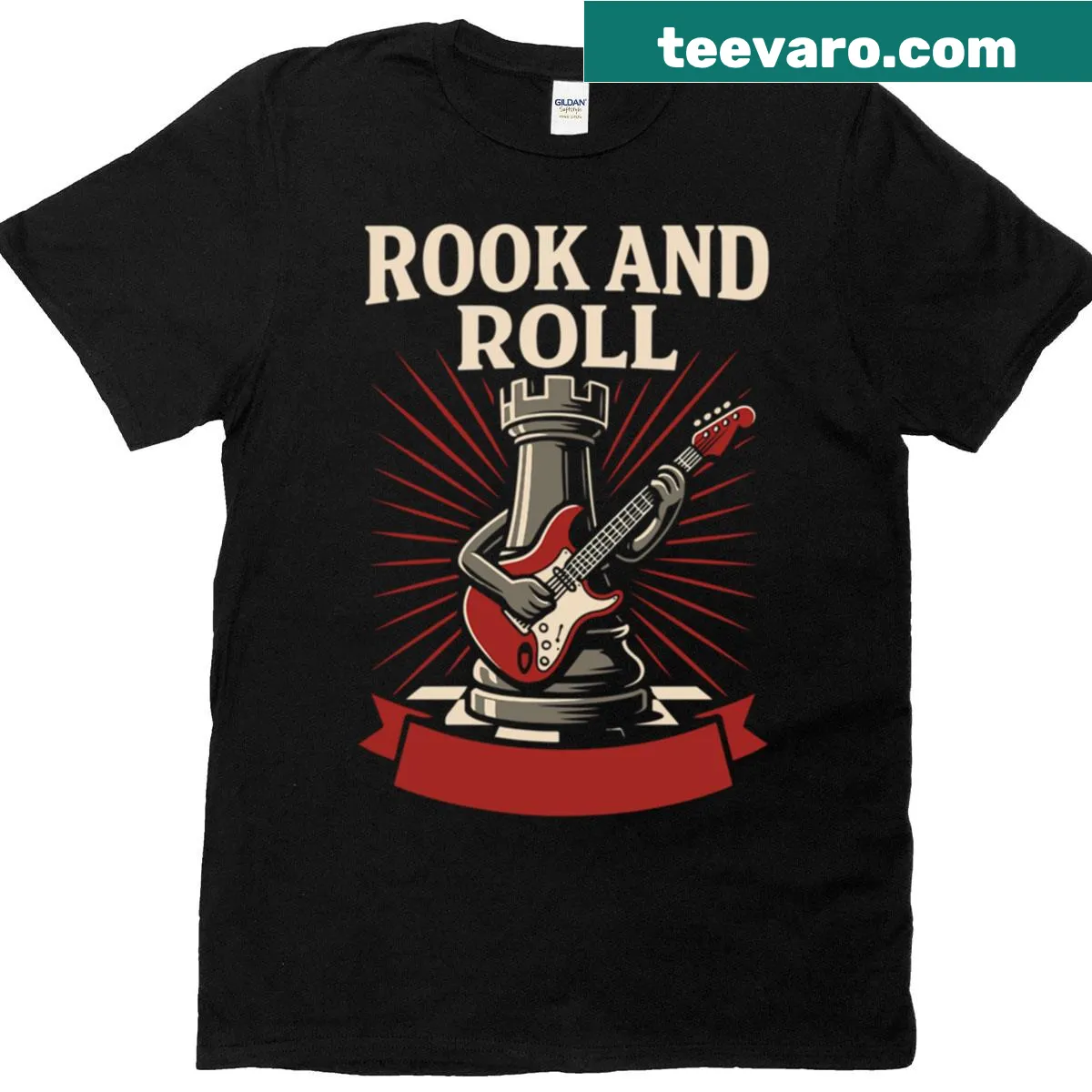 Funny chess-themed design featuring a rock-and-roll rook — on a men's t-shirt