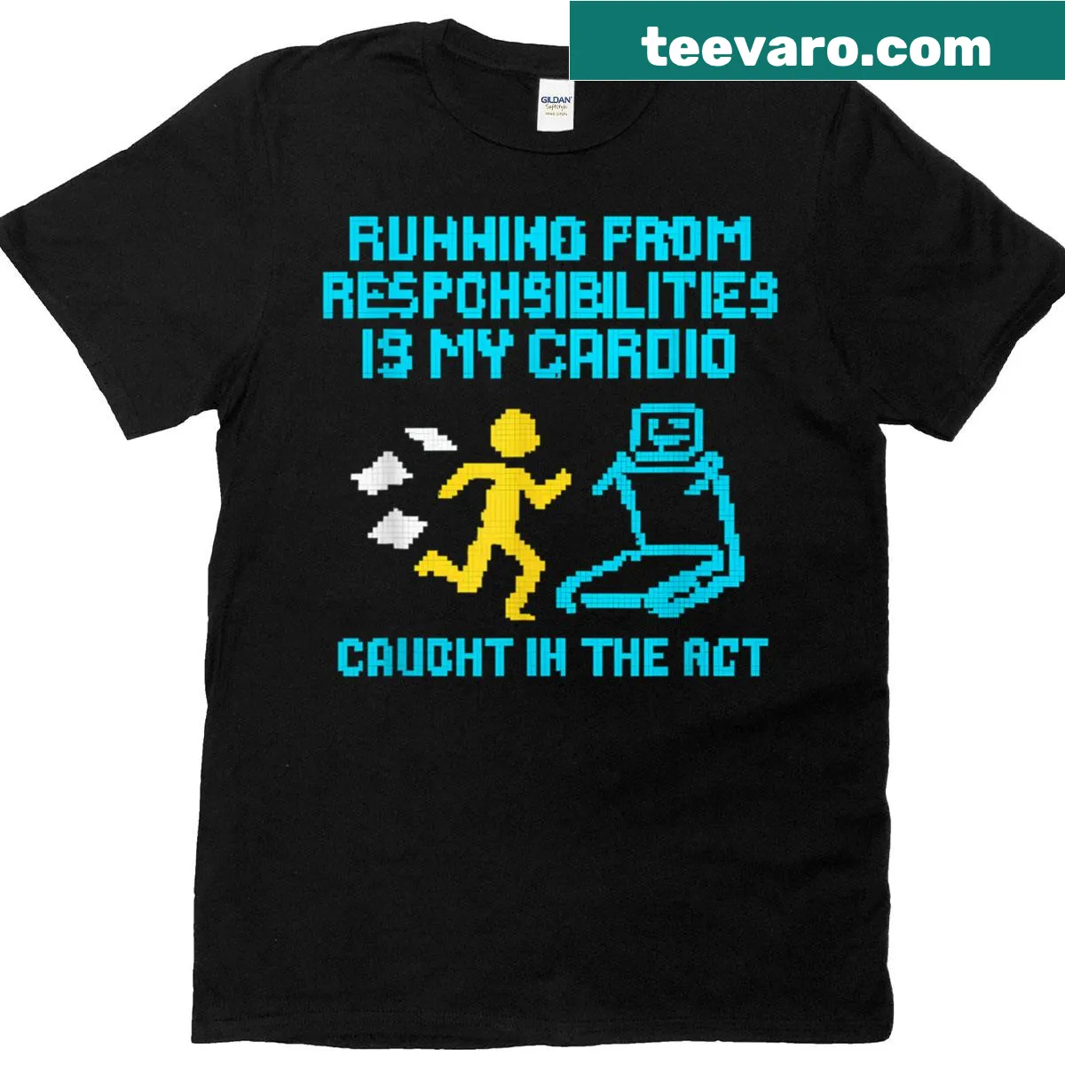 Retro pixel art T-shirt with humorous fitness phrase — on a men's t-shirt