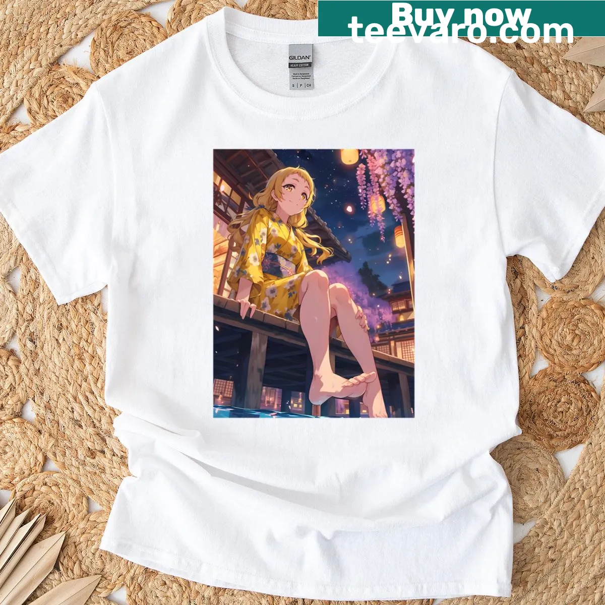 Anime-themed shirt of Saki Nikaido in yukata with a smile — on a men's t-shirt