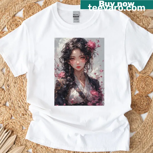 Illustration of Sakura, the Queen of Blossoms, on a T-shirt