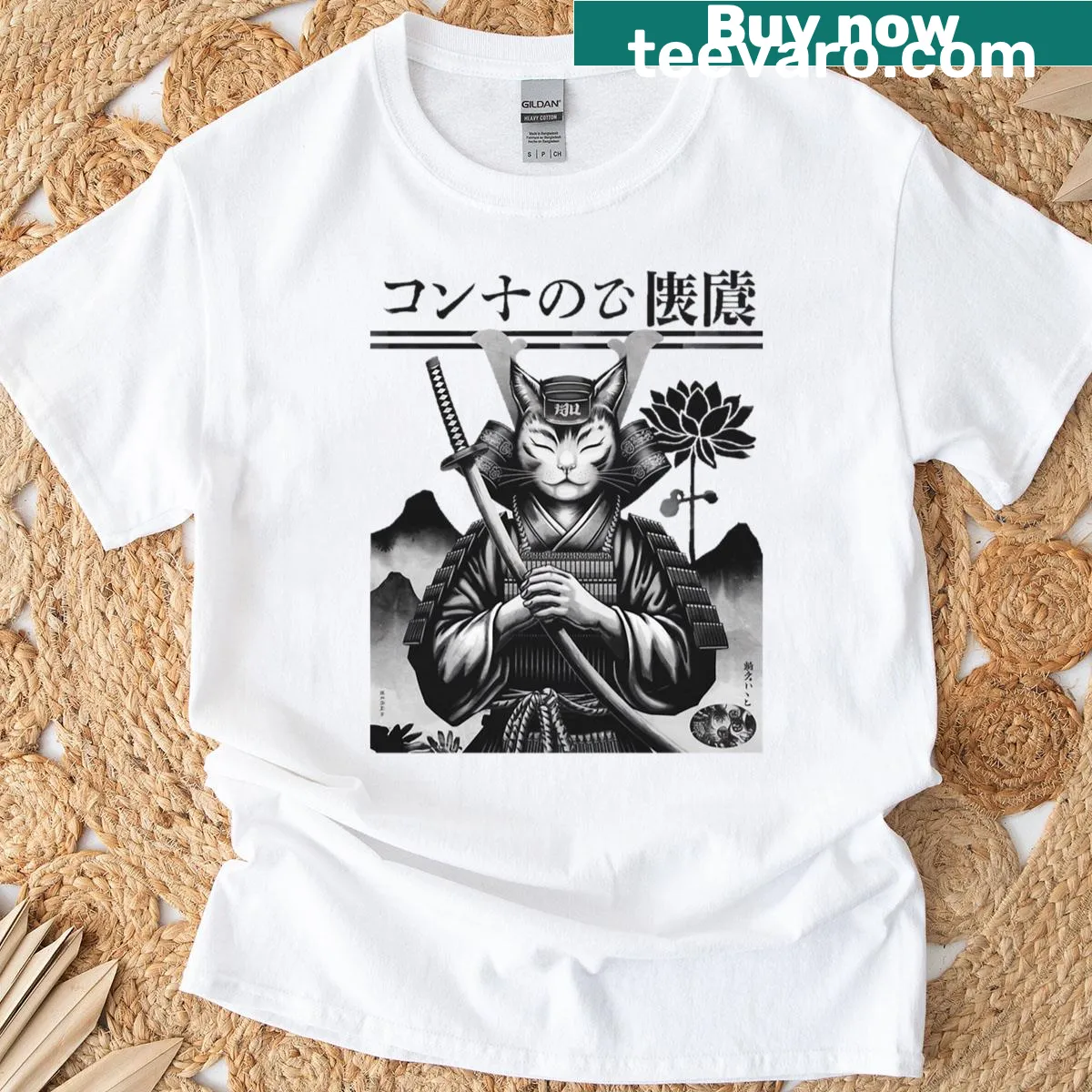 Illustrated T-shirt featuring a samurai cat in an anime style. — on a men's t-shirt