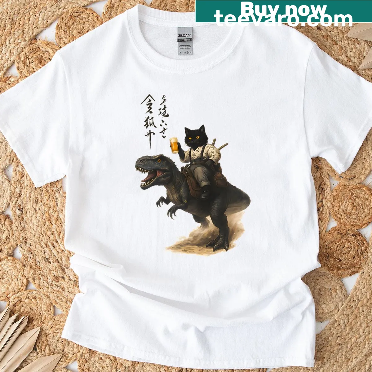 Graphic of a samurai cat riding a dinosaur — on a men's t-shirt