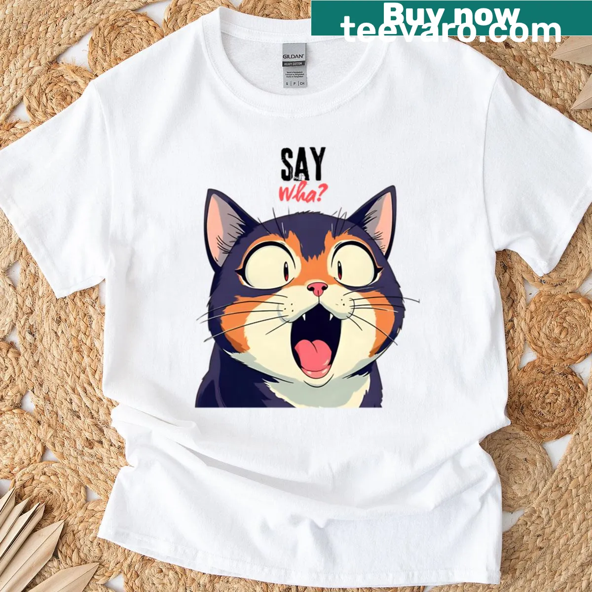 Surprised anime cat illustration on a T-shirt — on a men's t-shirt