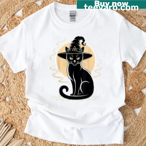 Vintage Halloween T-shirt featuring a black cat with a witch hat and full moon