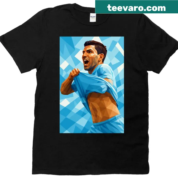 Low poly vector art of Sergio Aguero celebrating in football action