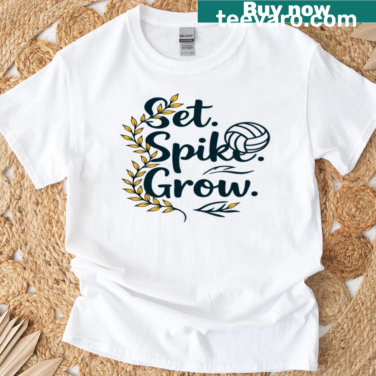 Inspirational T-shirt with bold text 'Set Spike Grow' — on a men's t-shirt