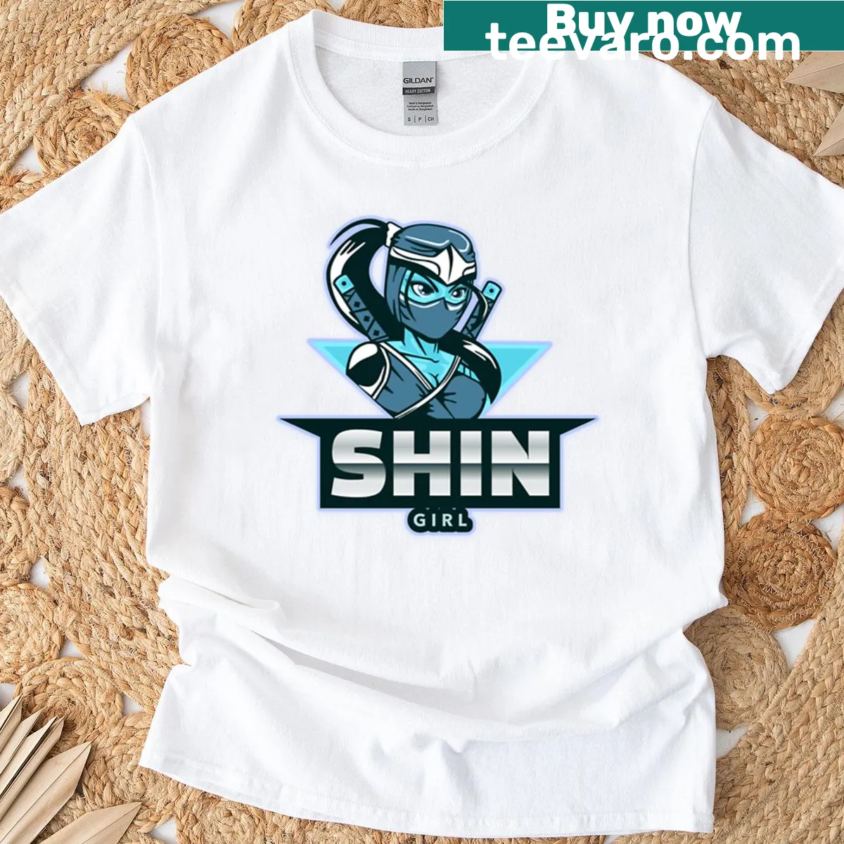 Anime warrior blue ninja girl graphic t-shirt — on a men's t-shirt