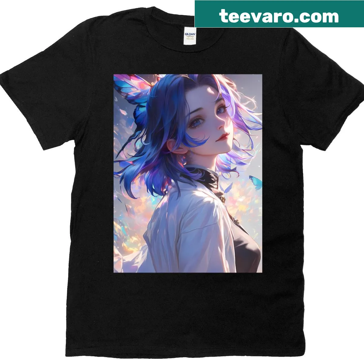 Shirt with Shinobu Kocho from Demon Slayer holding a butterfly blade — on a men's t-shirt