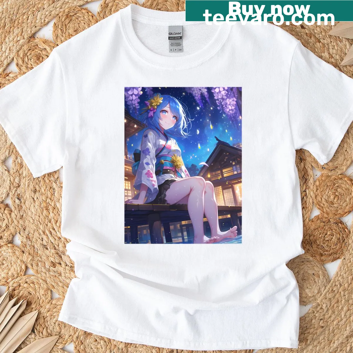Anime-style T-shirt featuring Shizuru in a flower yukata design. — on a men's t-shirt