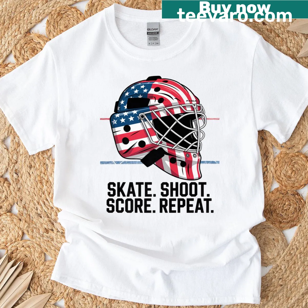 Hockey-themed graphic T-shirt with 'Skate Shoot Score Repeat' text — on a men's t-shirt