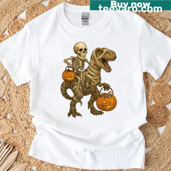 Cartoon skeleton riding T-Rex mummy for Halloween t-shirt