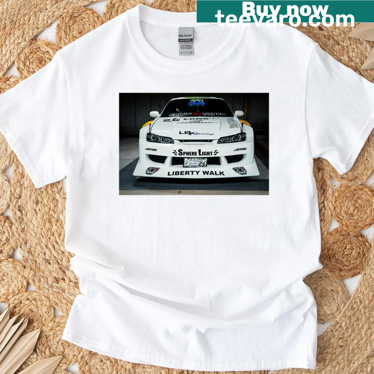 Illustrated T-shirt featuring a modified sports car design — on a men's t-shirt