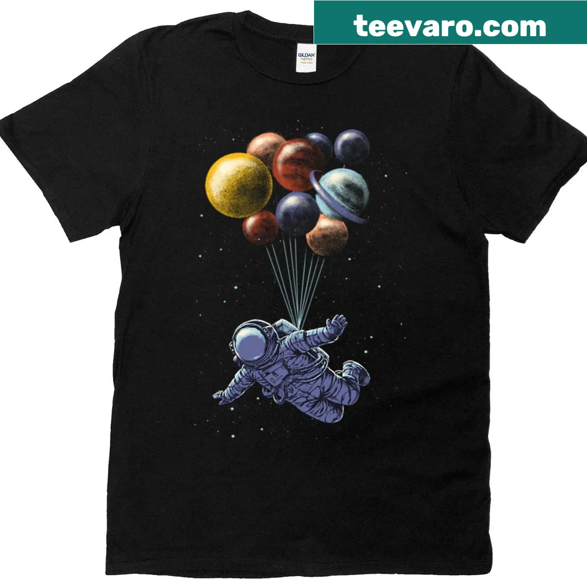 T-shirt celebrating space travel with imaginative cosmic graphics — on a men's t-shirt