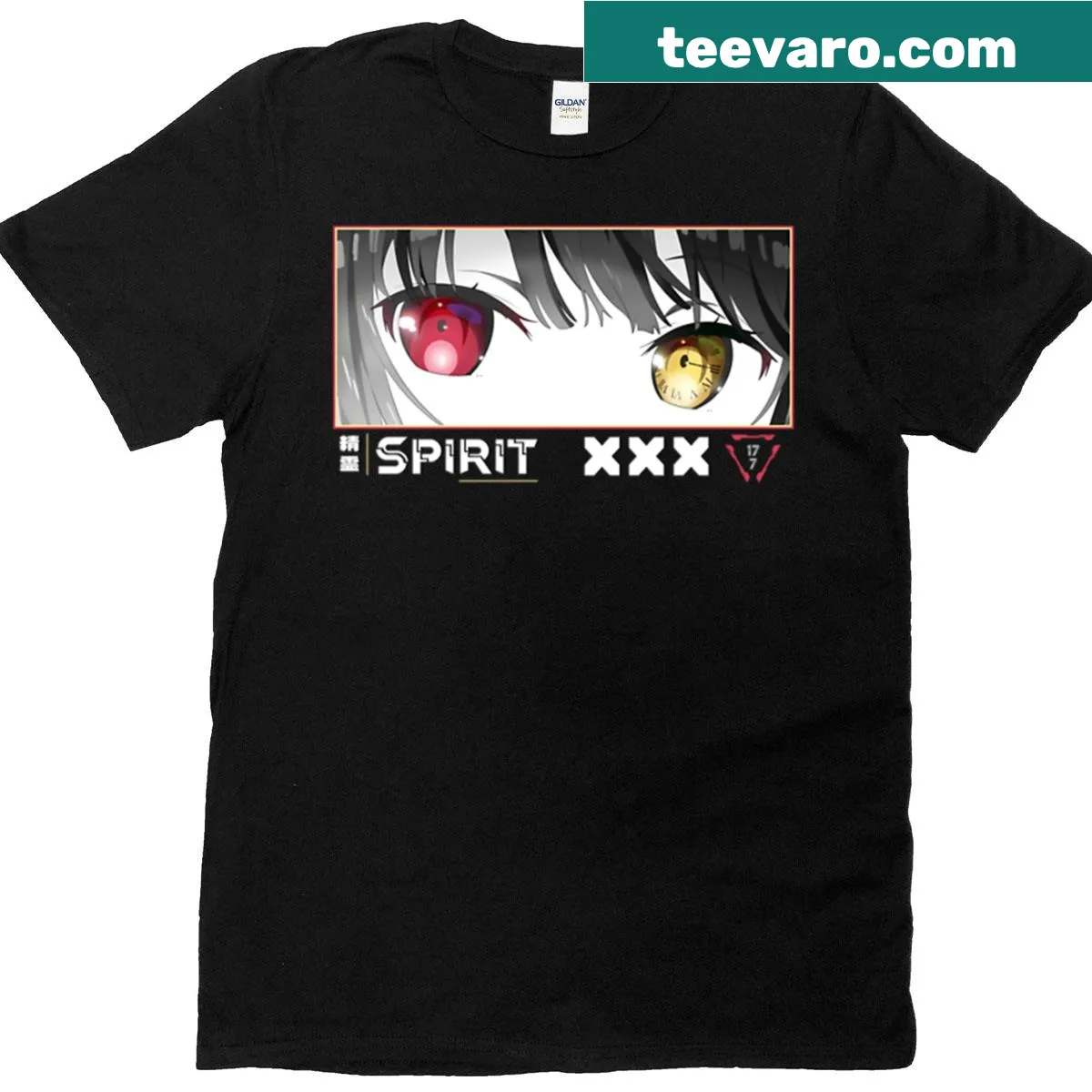 Oversized anime-themed t-shirt featuring large expressive anime eyes — on a men's t-shirt