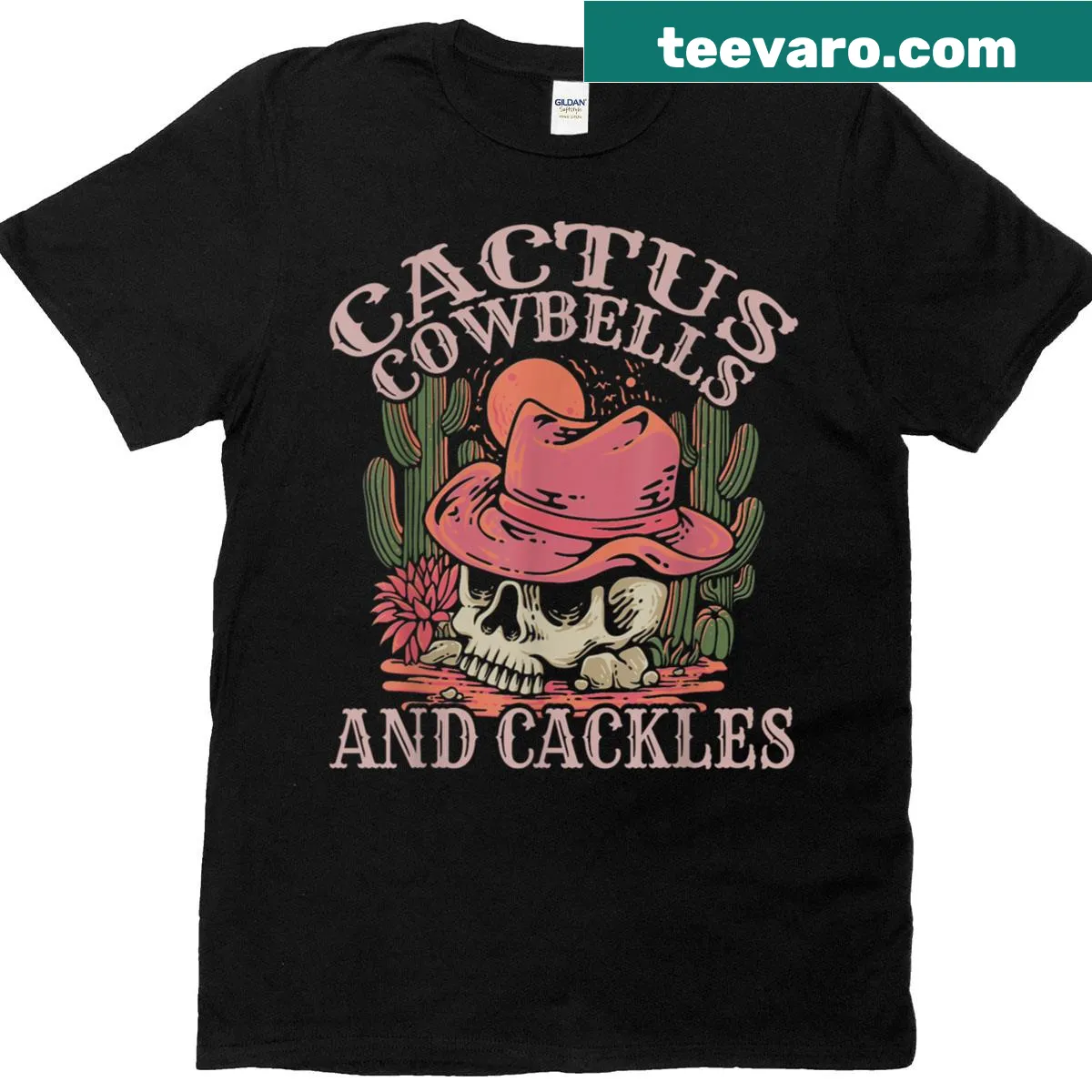 Spooky Halloween tee with skeleton horse and cowgirl — on a men's t-shirt