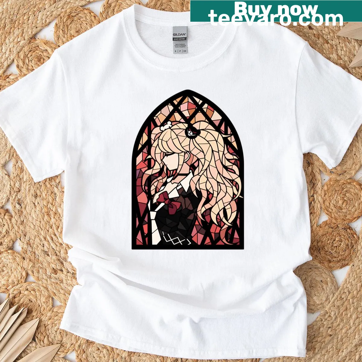 Artistic T-shirt featuring stained glass inspired Junko design. — on a men's t-shirt