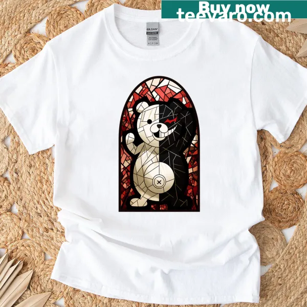 Stained glass style Monokuma graphic on oversized t-shirt