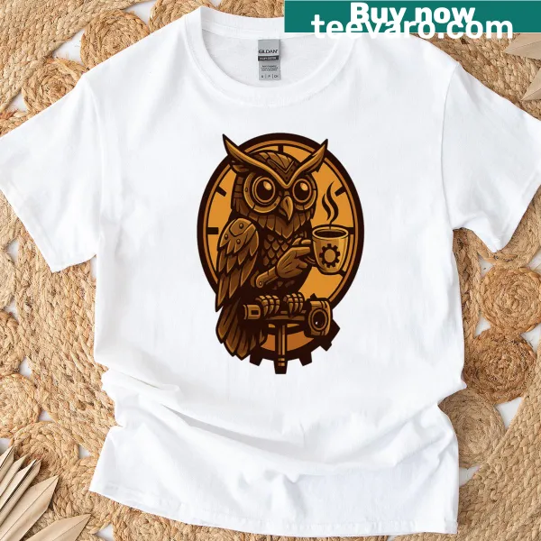 Steampunk owl design on Coffee Espresso T-shirt